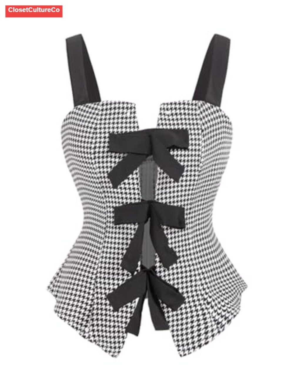 Houndstooth Bow Notch Neck Sleeveless Crop Tank Top